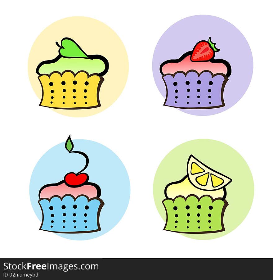 A vector illustration. Four small fruit cakes: cherry, strawberry, mint and lemon. A vector illustration. Four small fruit cakes: cherry, strawberry, mint and lemon.