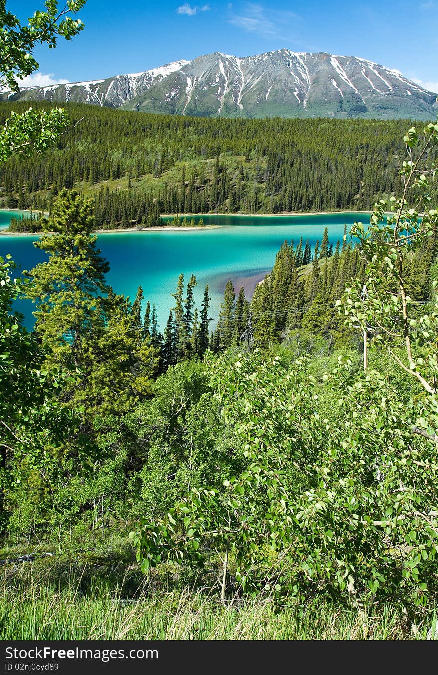 View of Emerald Lake from the road along the Yukon trail. View of Emerald Lake from the road along the Yukon trail