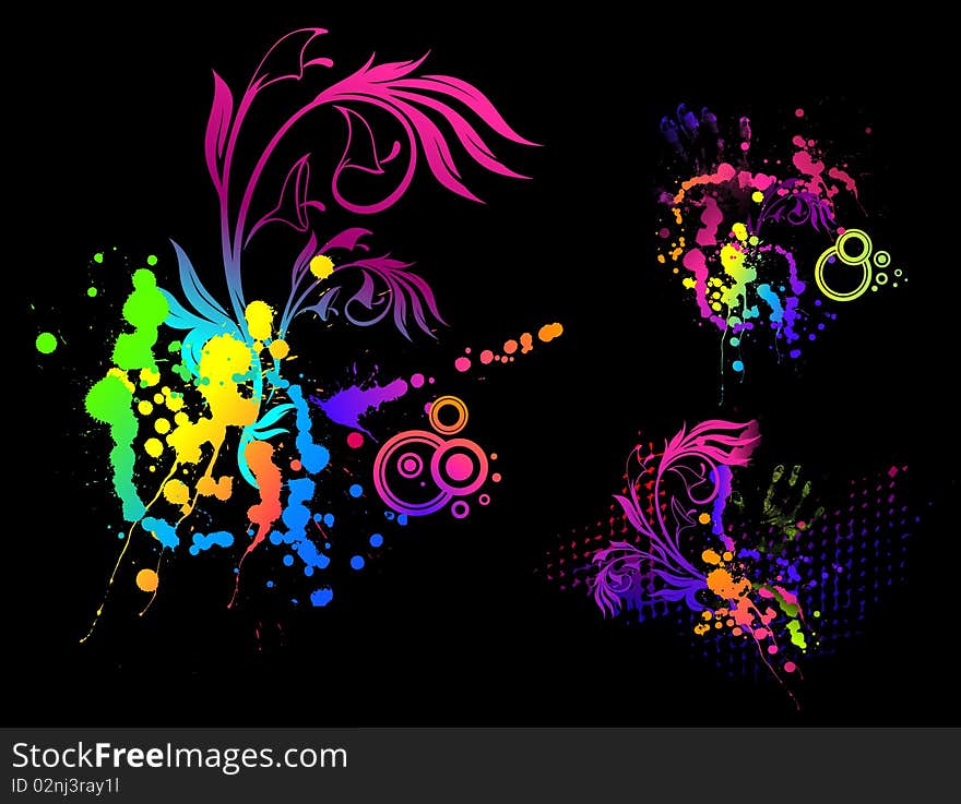 Illustration of grunge floral abstract banner with blots