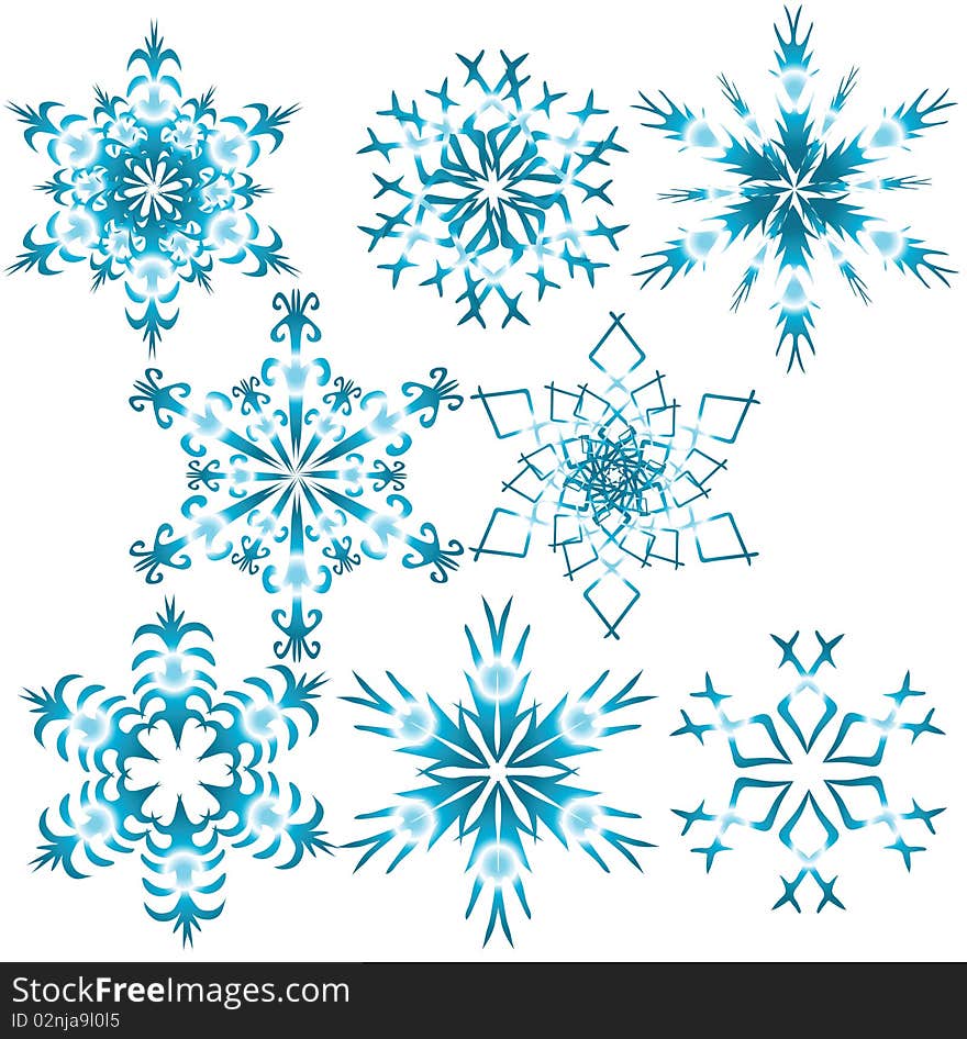 Eight blue snowflakes. Vector illustration