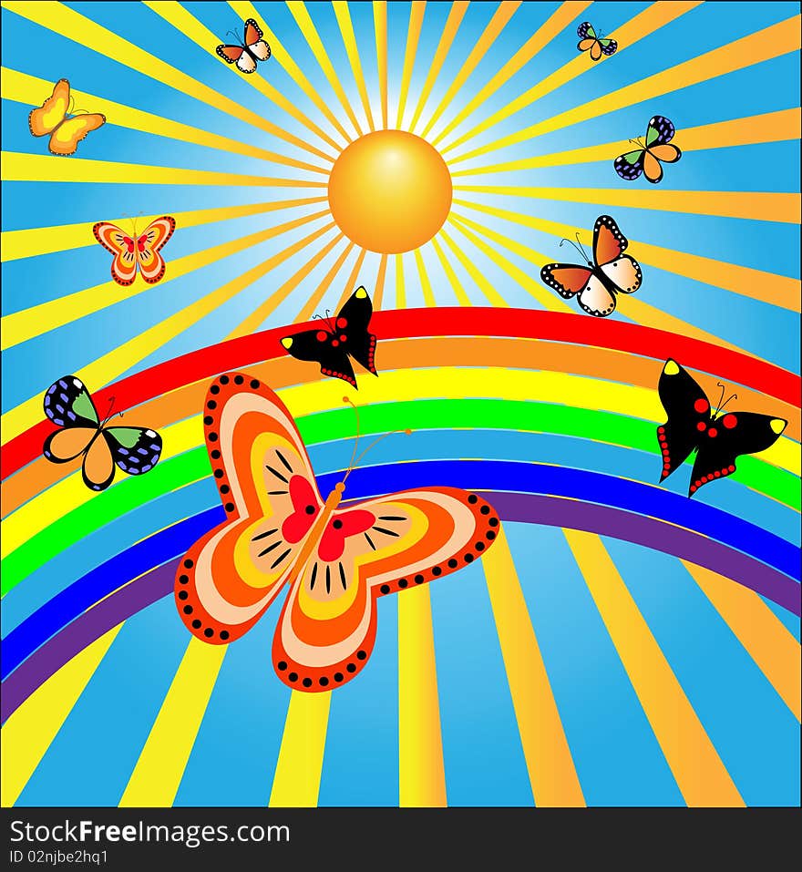 Butterflies rejoice to the sun and a rainbow. Vector illustration