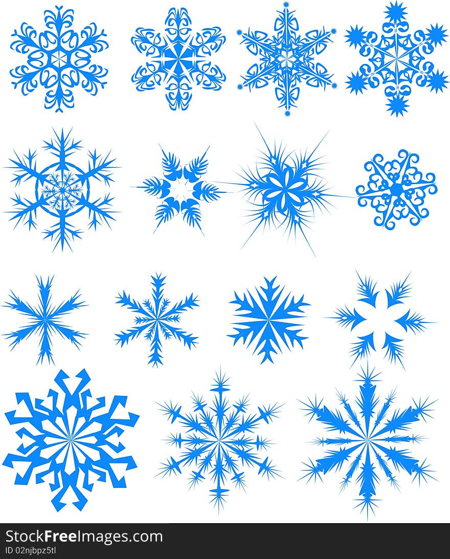 Fifteen blue snowflakes. Vector illustration