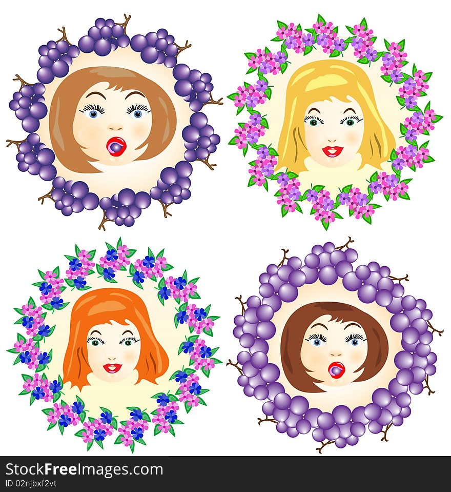 Persons of girls within the limits of their fruits and colours. Vector illustration.