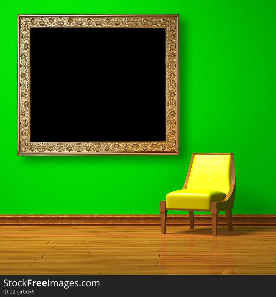 Yellow chair with antique frame in green minimalist interior