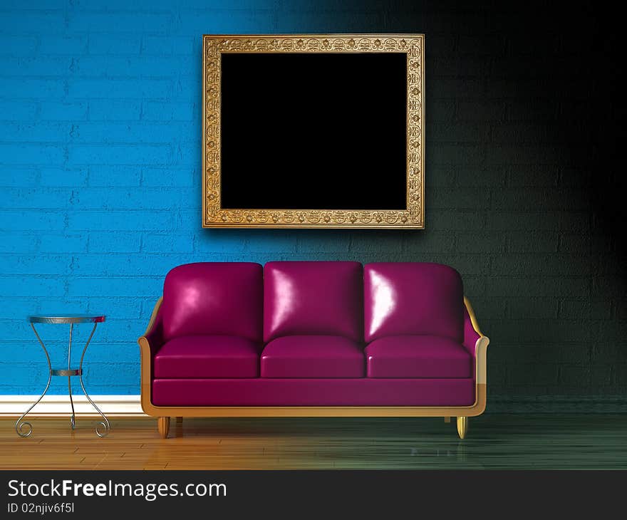 Purple couch, table and picture frame in double colored minimalist interior. Purple couch, table and picture frame in double colored minimalist interior