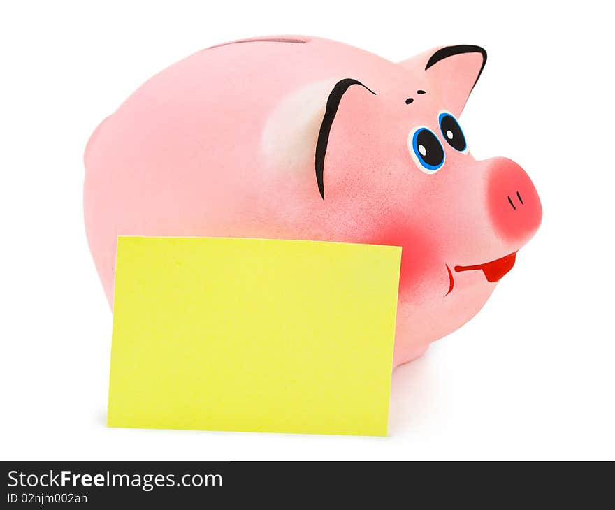 Piggy bank and note paper isolated on white background