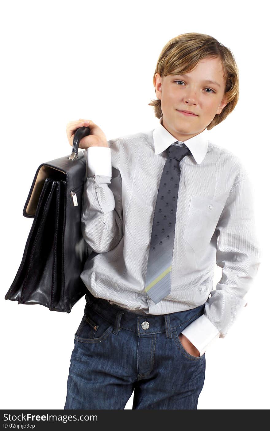 Portrait of cute schoolboy with suitcase isolated on white background