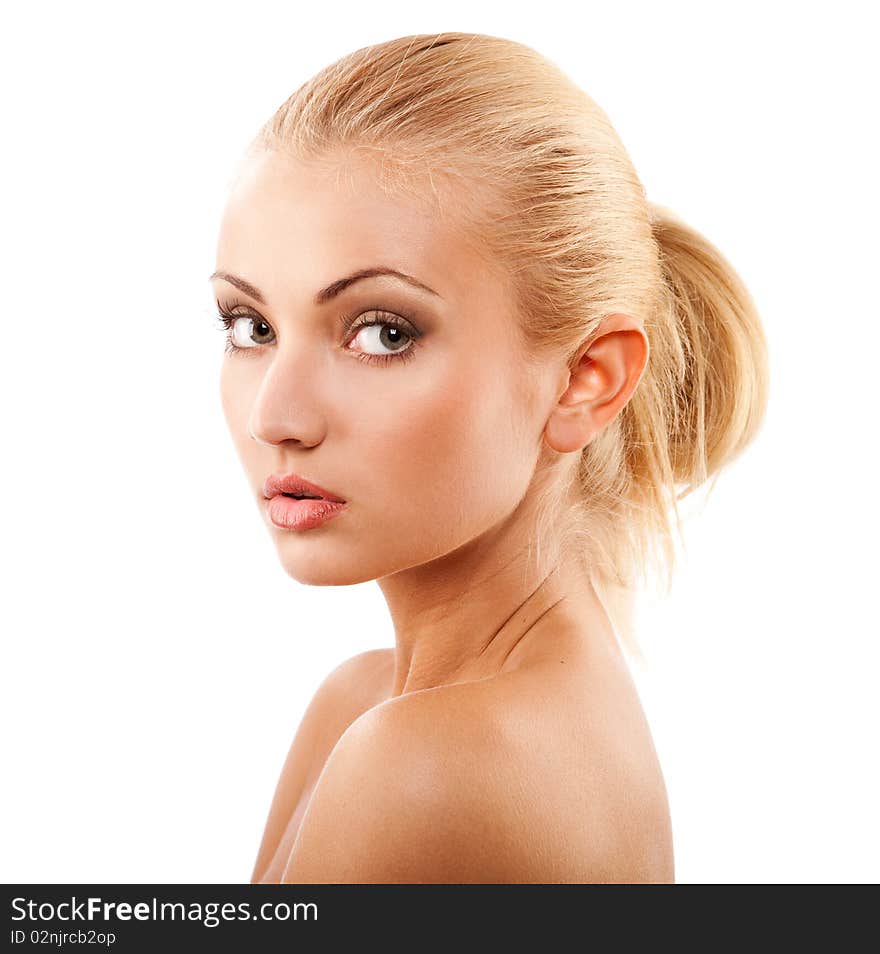 Young beautiful blond woman isolated at white background. Young beautiful blond woman isolated at white background