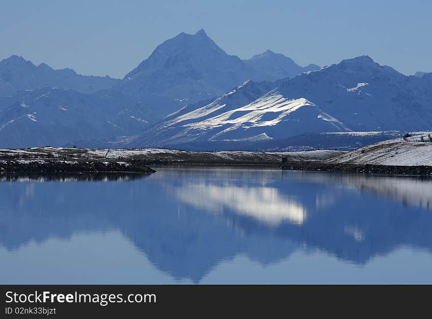 An image taken accross the Tekapo canal towards New Zealand highest point, Mt Cook.