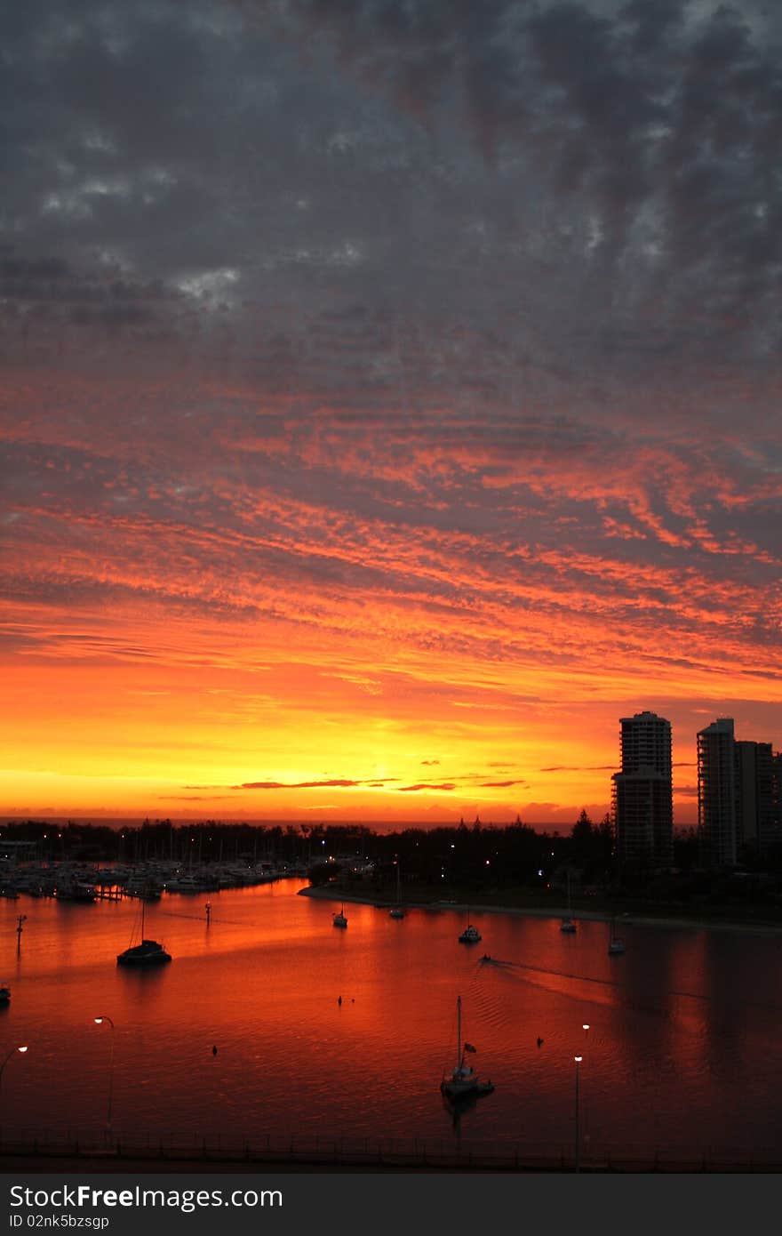 Sunrise on the Australian coast with boat marina. Sunrise on the Australian coast with boat marina.