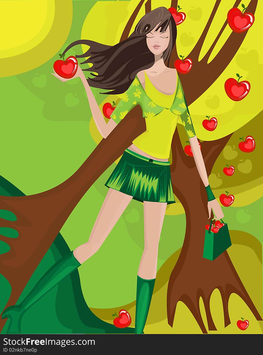 Vector illustration of beautiful girl.  The girl reaps a crop of apples in a garden. Vector illustration of beautiful girl.  The girl reaps a crop of apples in a garden.