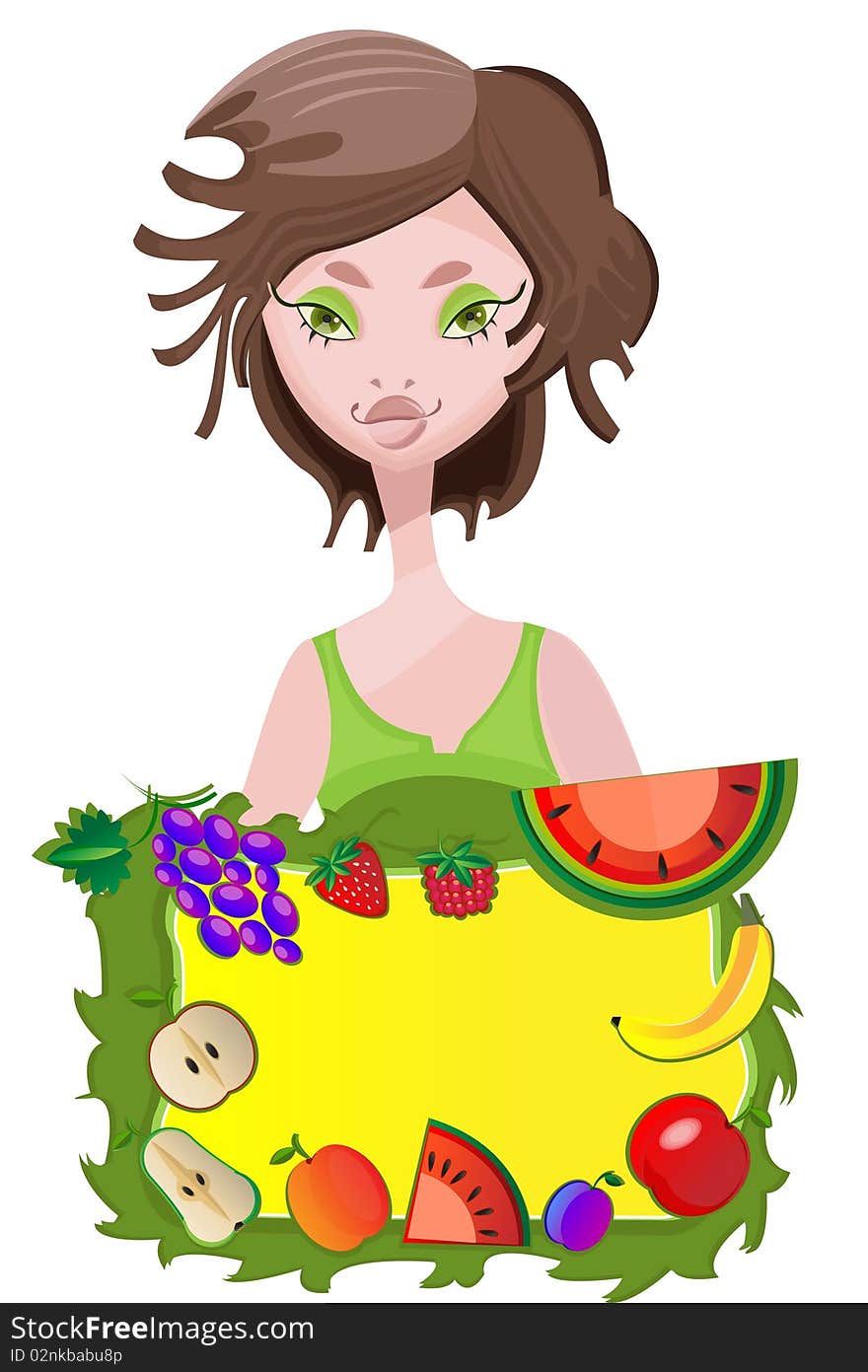 Vector card with beautiful girl and fruits