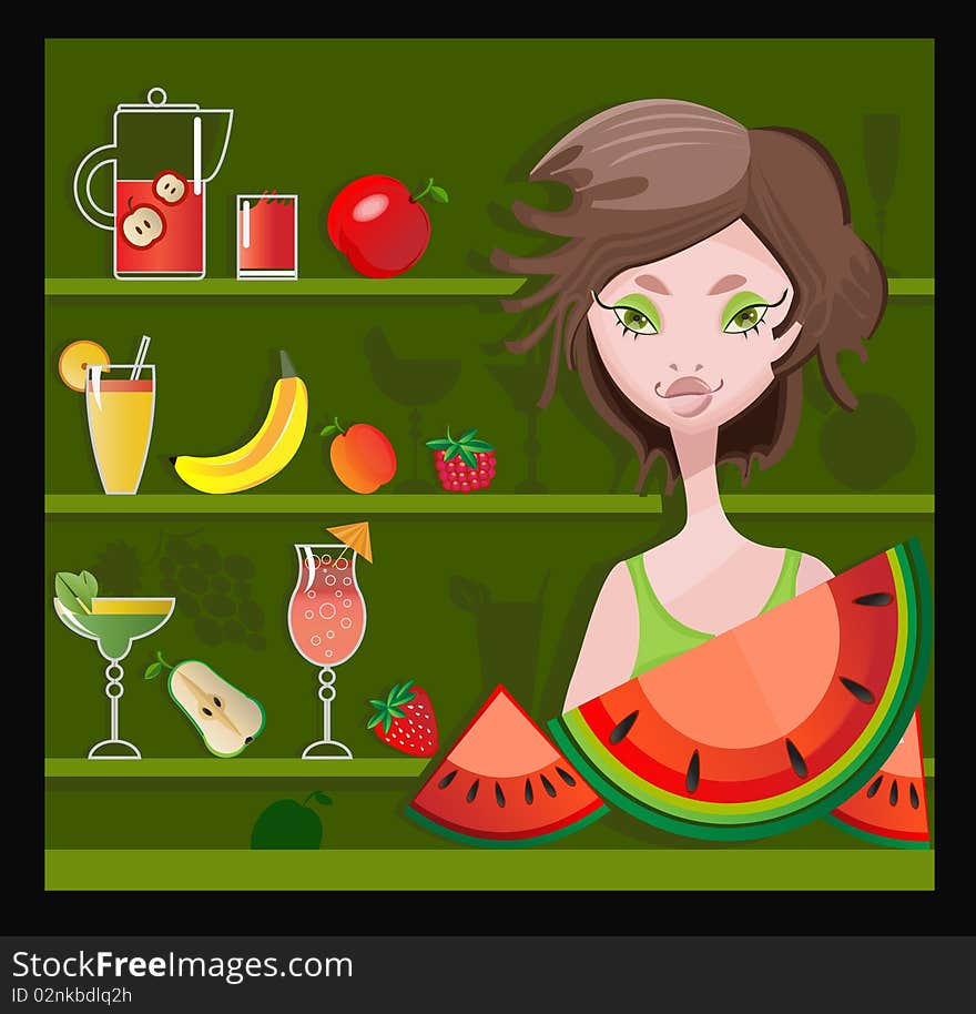 Vector illustratio of beautiful girl with fruits and juice