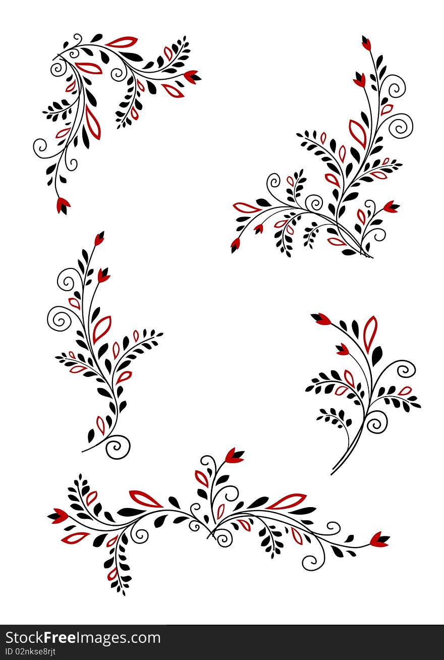 Black and red floral elements. Horizontal, vertical, angle.