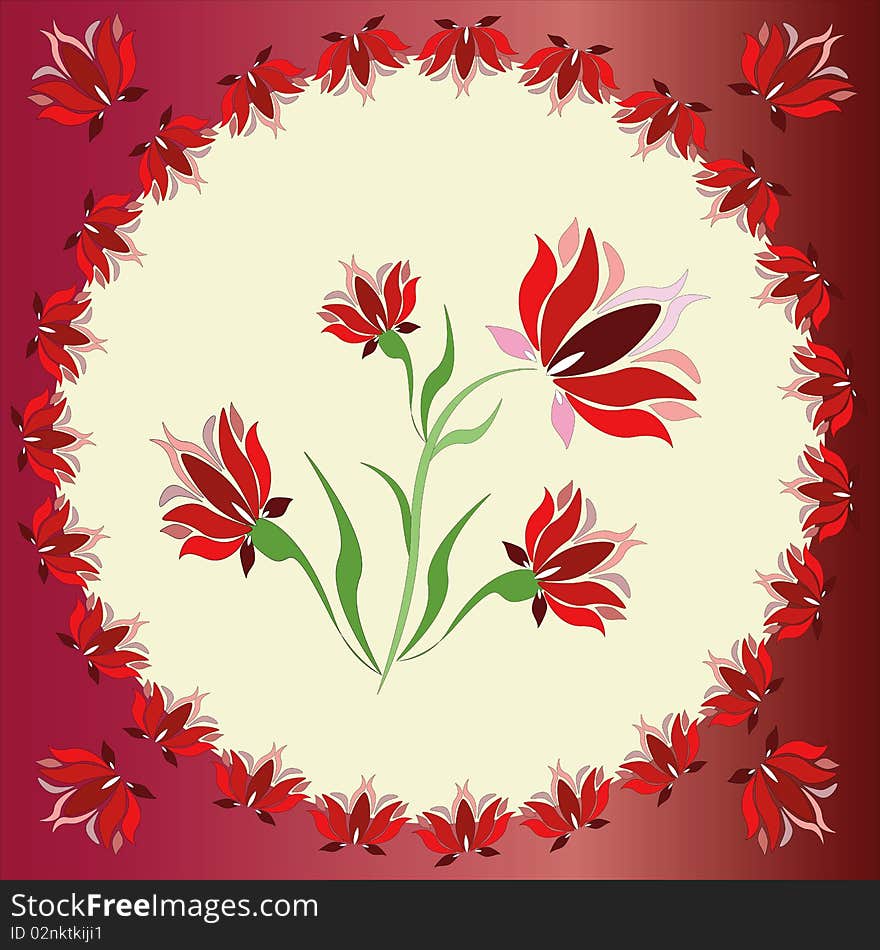 Red circle frame with red flowers in the center. Red circle frame with red flowers in the center.