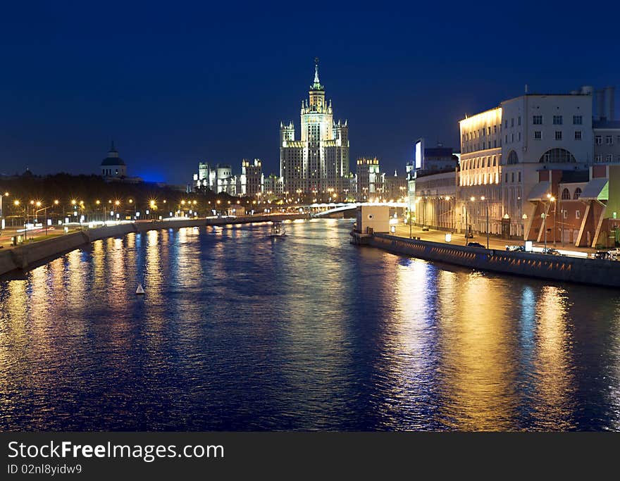 Moscow at night. View on hotel Ukraine