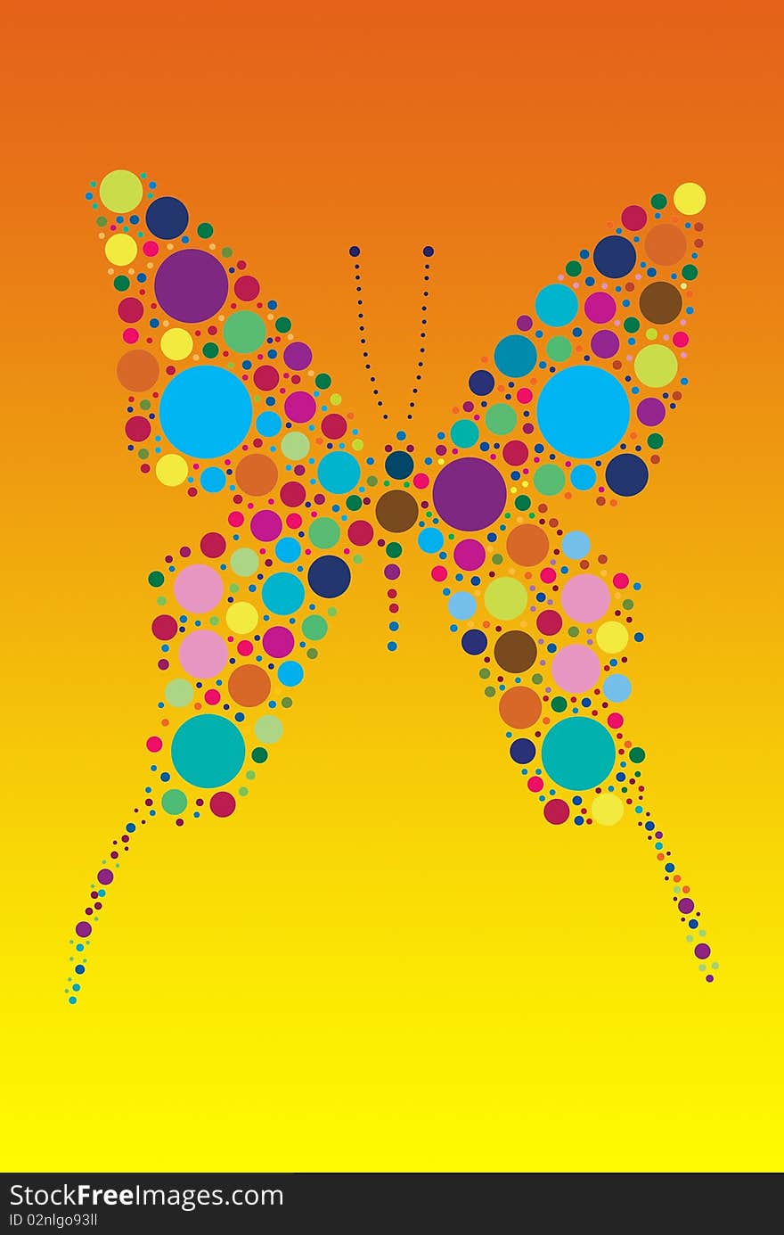 Dots colored butterfly on orange gradient background