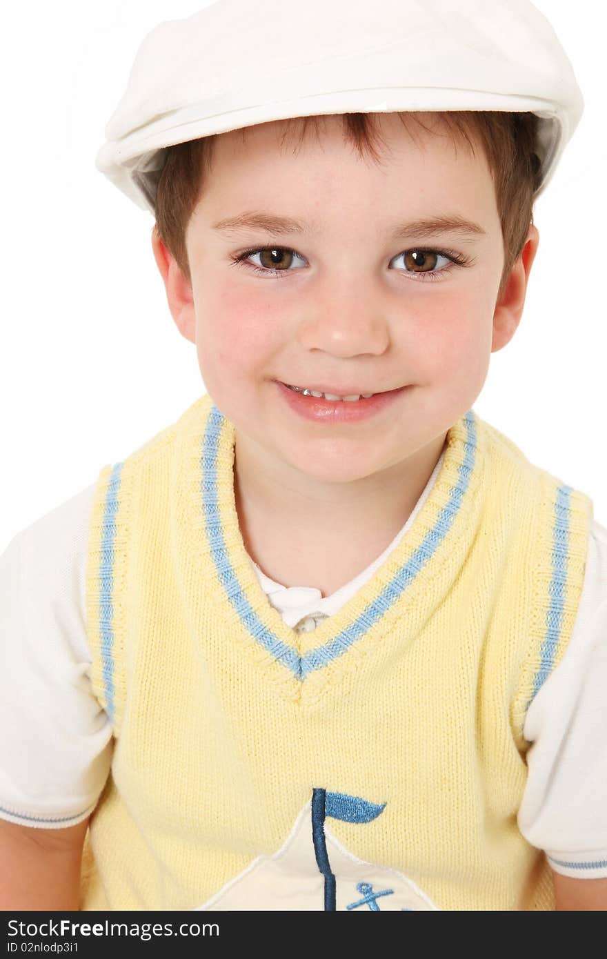 Adorable American Boy in Hat over White