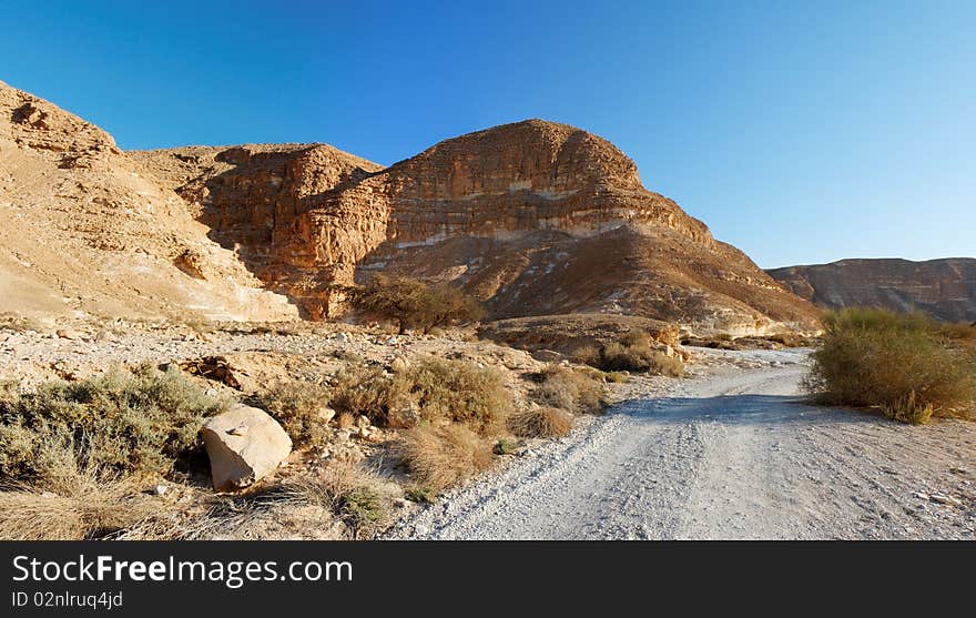 Desert landscape with mountains and road at sunset