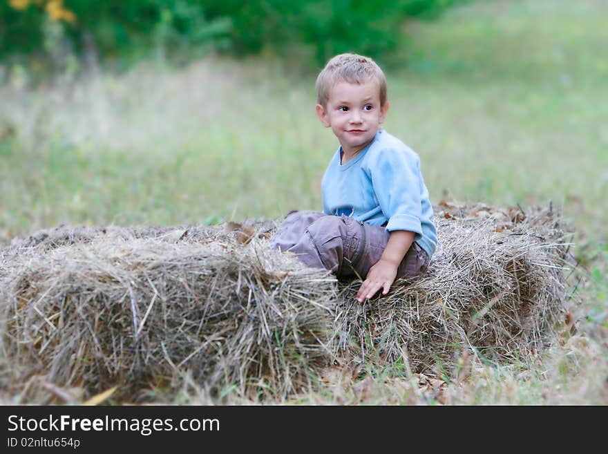 Cute boy playing in hay. Cute boy playing in hay