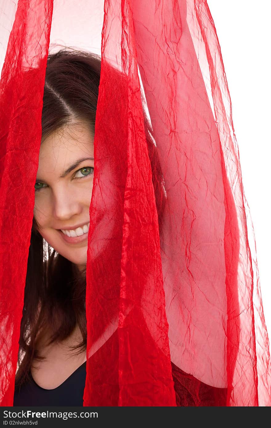 Pretty girl with a red veil isolated on white background. Pretty girl with a red veil isolated on white background