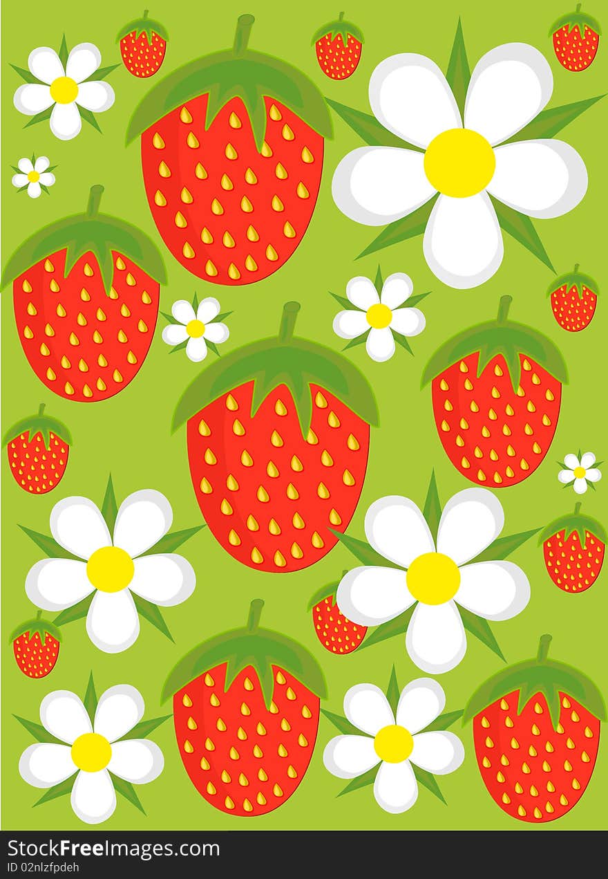 Strawberries and flowers over green background. Vector illustration. Strawberries and flowers over green background. Vector illustration