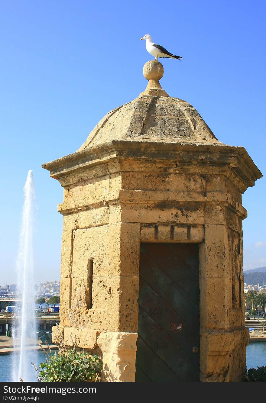 A Seagull perched atop a small watchtower in Mallorca. A Seagull perched atop a small watchtower in Mallorca.