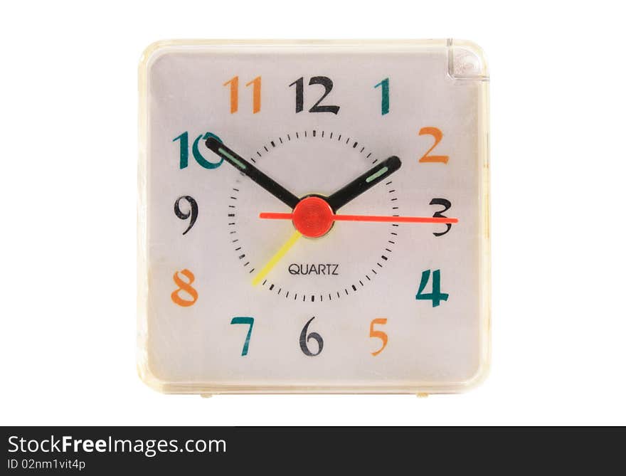 Isolated plastic alarm clock on the white background