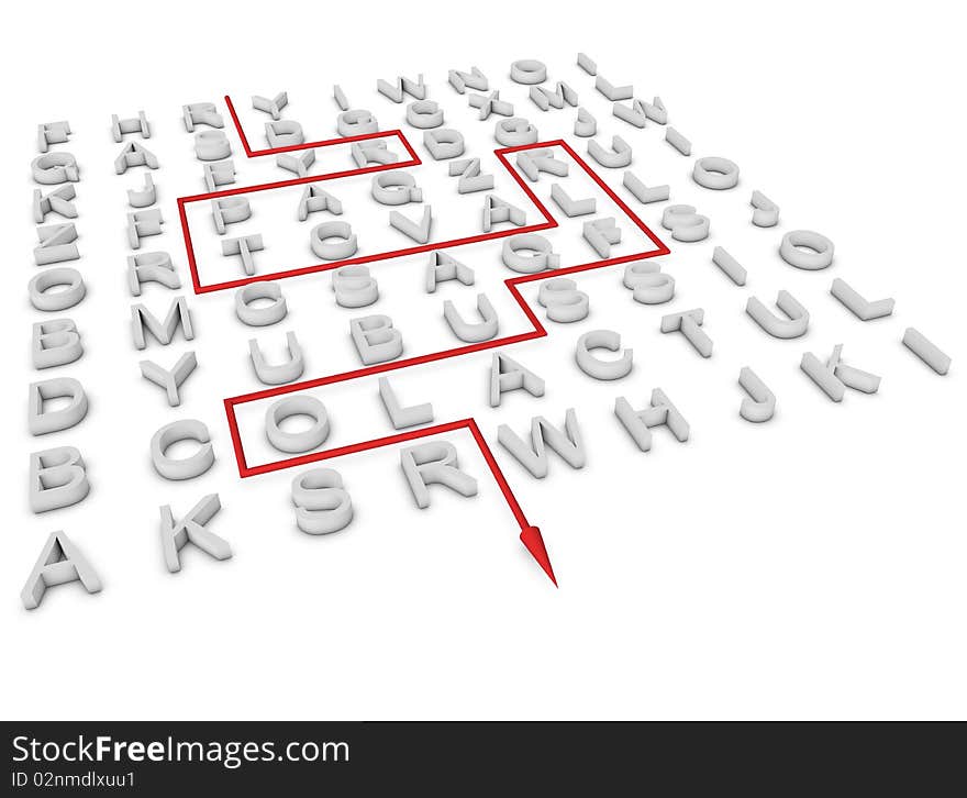 3d white crossword  with red arrow