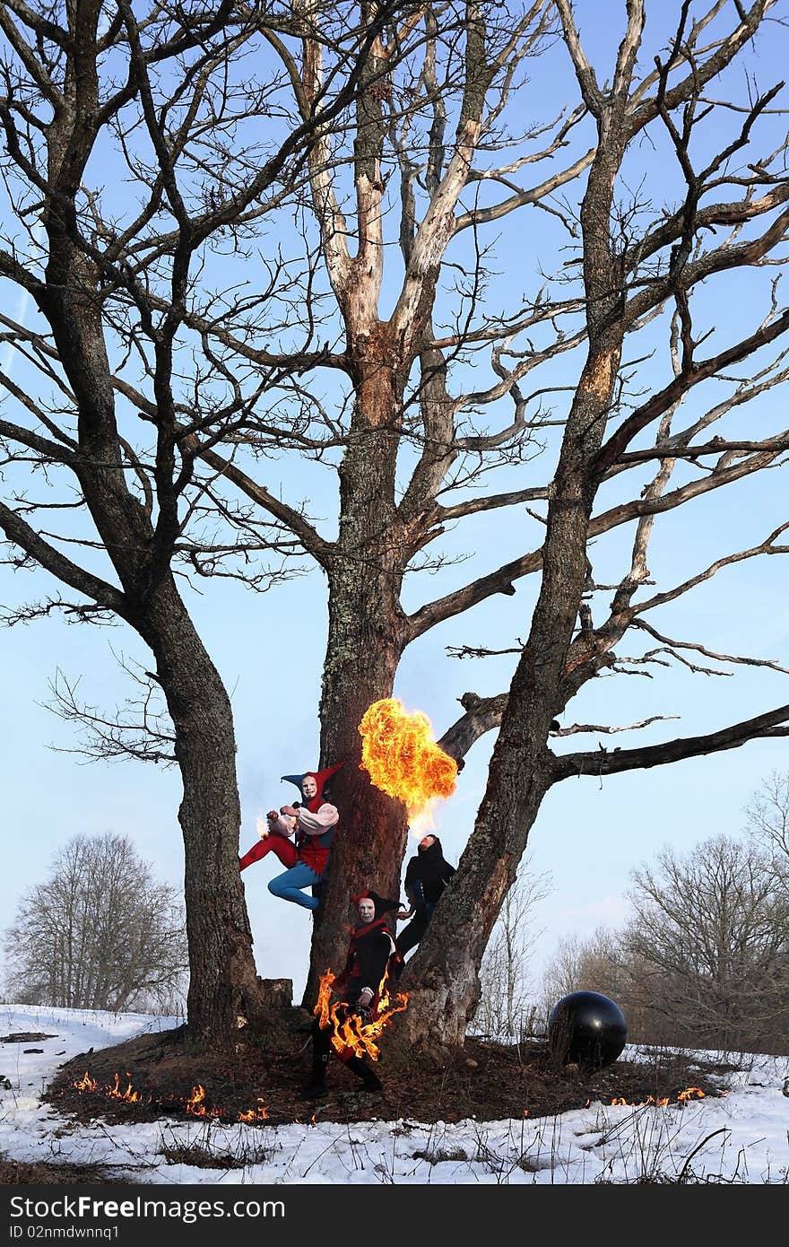 Ancient Art collective showing elements of fiery show. Outdoor photo.