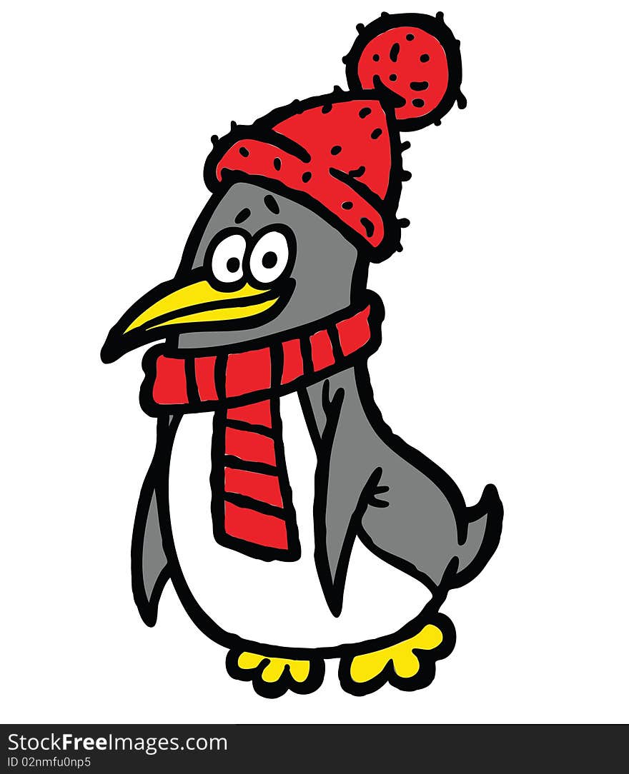 Penguin in scarf and hat illustration