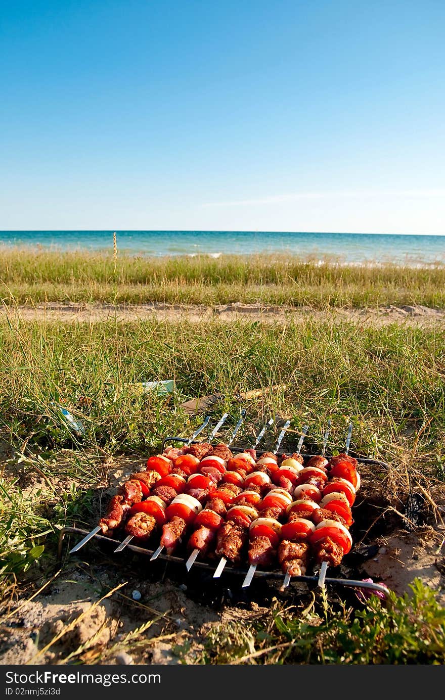 Cooking meat with tomato near a sea beach. Cooking meat with tomato near a sea beach