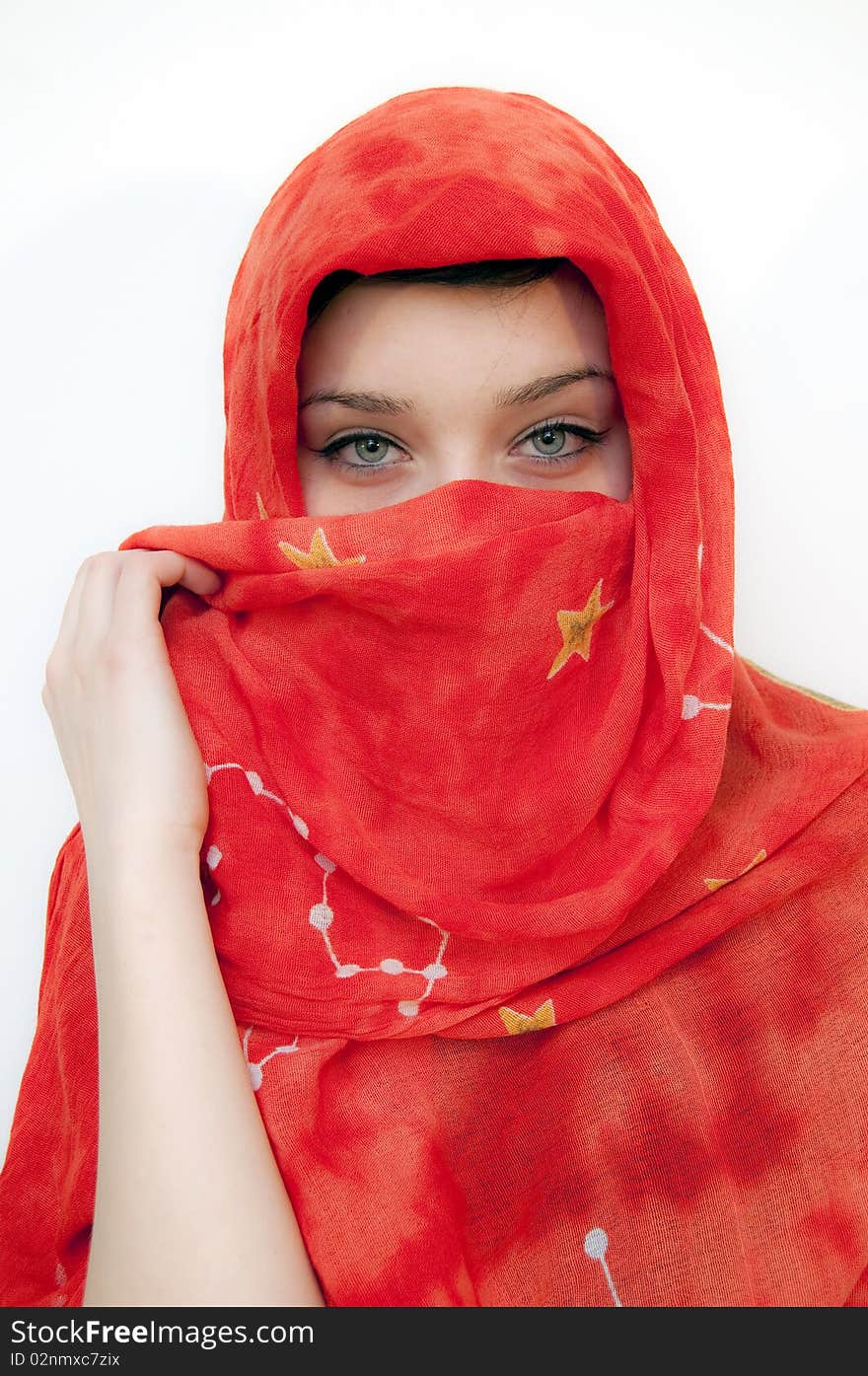 Beautiful Green Eyes Girl with red shawl