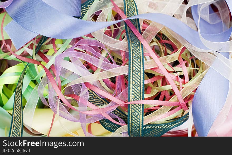 Ribbons of various colors. Lace and braid