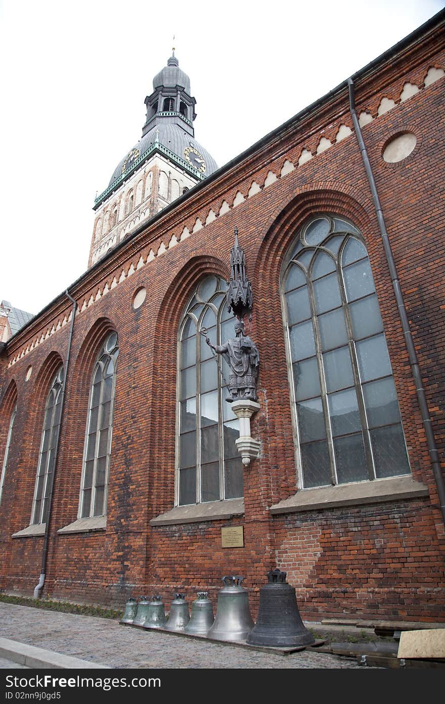 Wall of medieval cathedral with archs