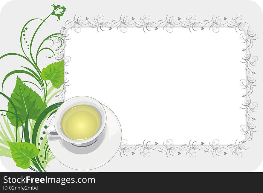 Cup with tea on the floral background. Card. Illustration