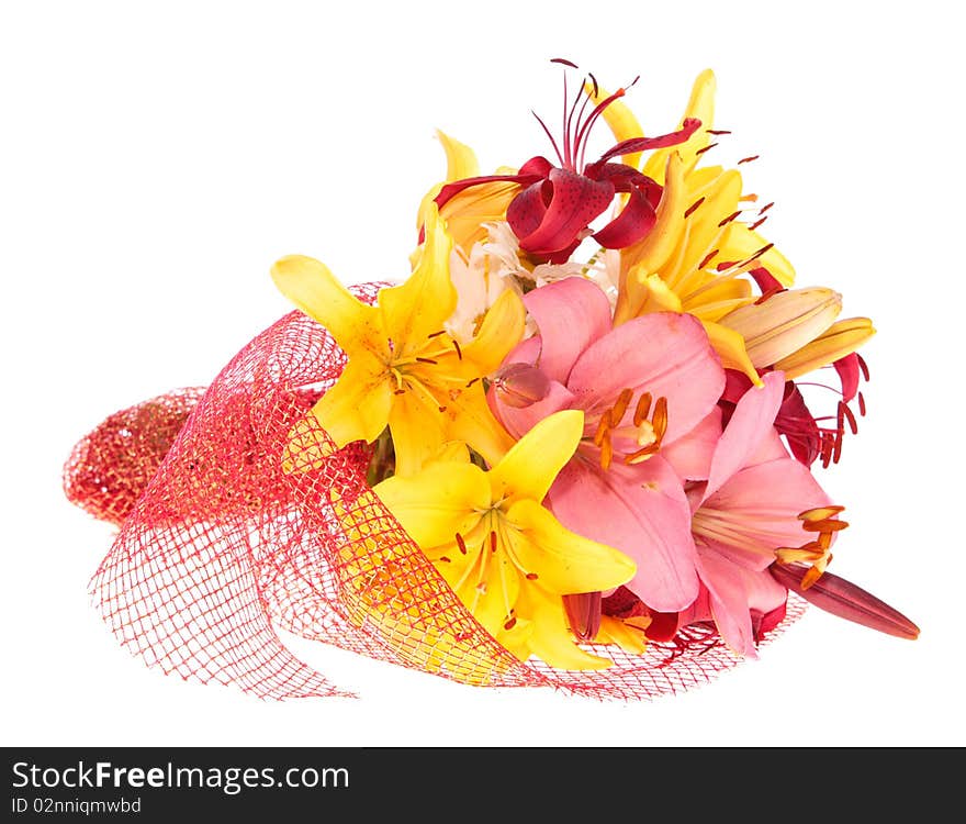 Bouquet lily flowers, on a white background is isolated. Bouquet lily flowers, on a white background is isolated.