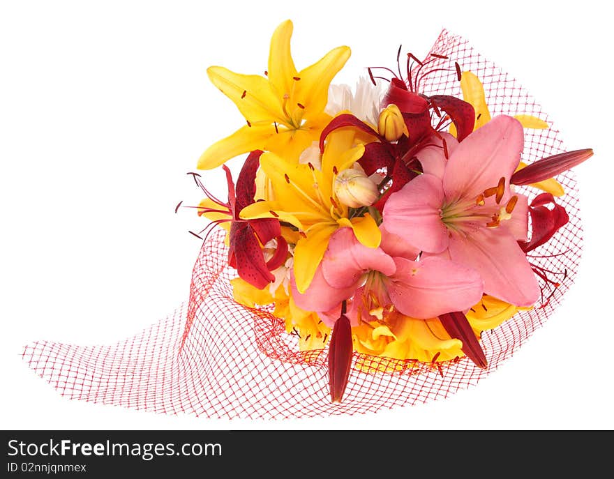 Bouquet lily flowers, on a white background is isolated. Bouquet lily flowers, on a white background is isolated.