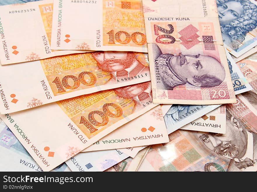 Croatian Kuna banknotes layed out