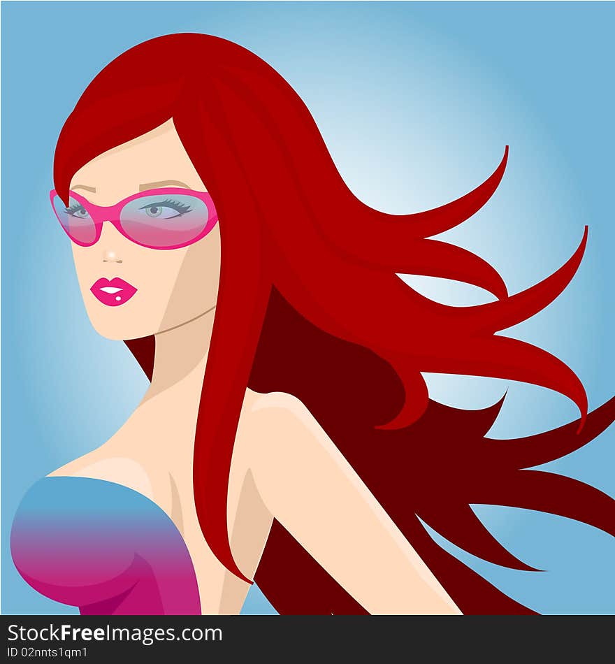 Red head with long flowing hair wearing sunglasses. Red head with long flowing hair wearing sunglasses