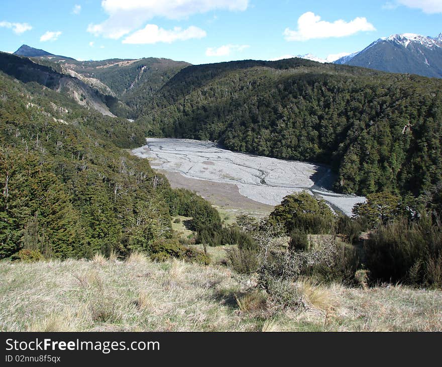 Photo of a large river running through a valley in Arthurs Pass, New Zealand. Photo of a large river running through a valley in Arthurs Pass, New Zealand.