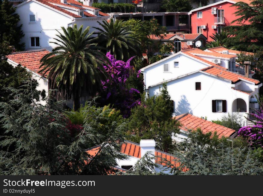 Bleached small houses with tile roofs in greens. Budva, Montenegro. Bleached small houses with tile roofs in greens. Budva, Montenegro.