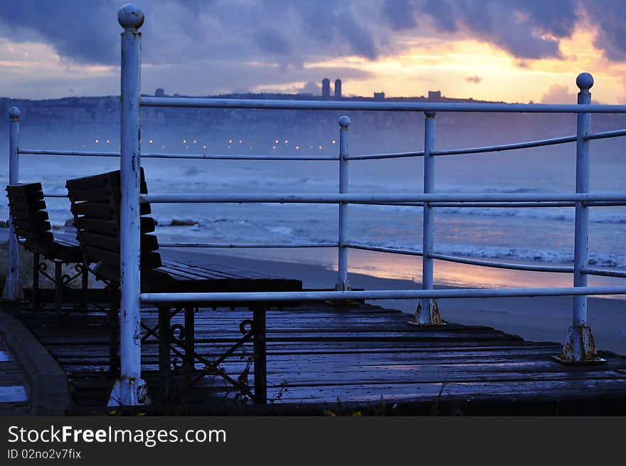 Sea view and sunset from benches. Sea view and sunset from benches