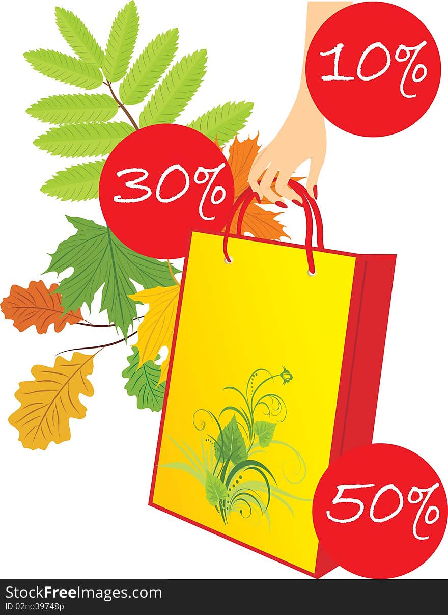 Package in a woman hand on the leafy background. Seasonal discounts. Illustration