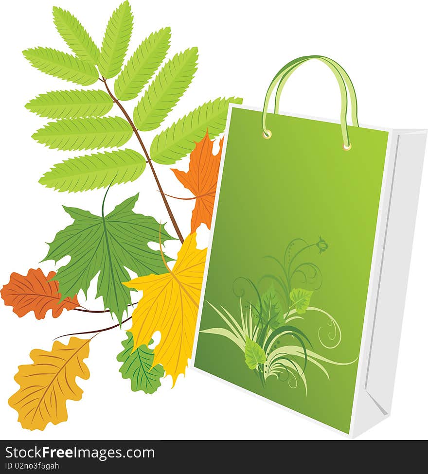 Package on the leafy background. Illustration