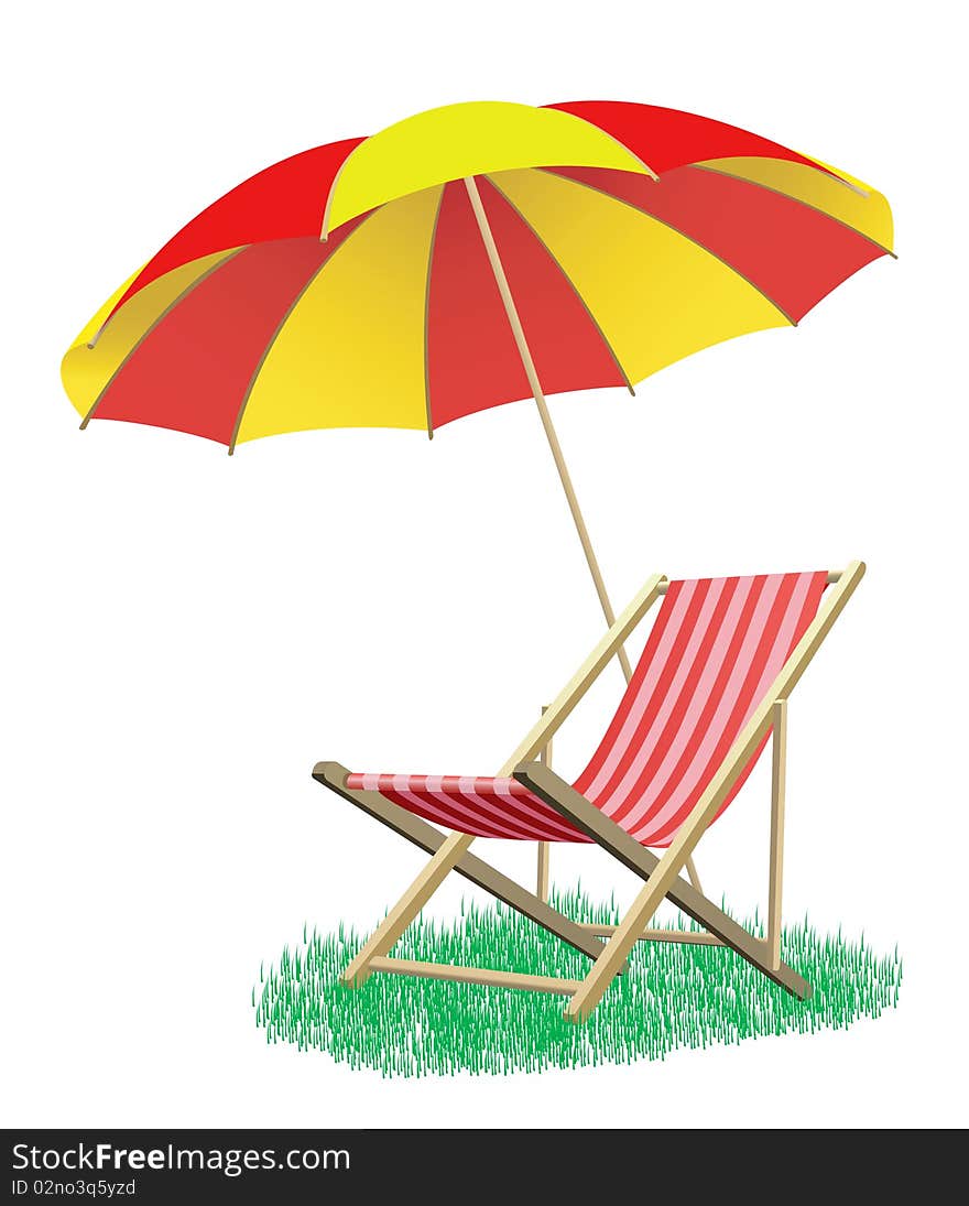 A beach deck-chair standing near an umbrella.