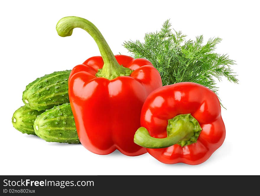 Cucumbers, bell peppers and dill over white background. Cucumbers, bell peppers and dill over white background