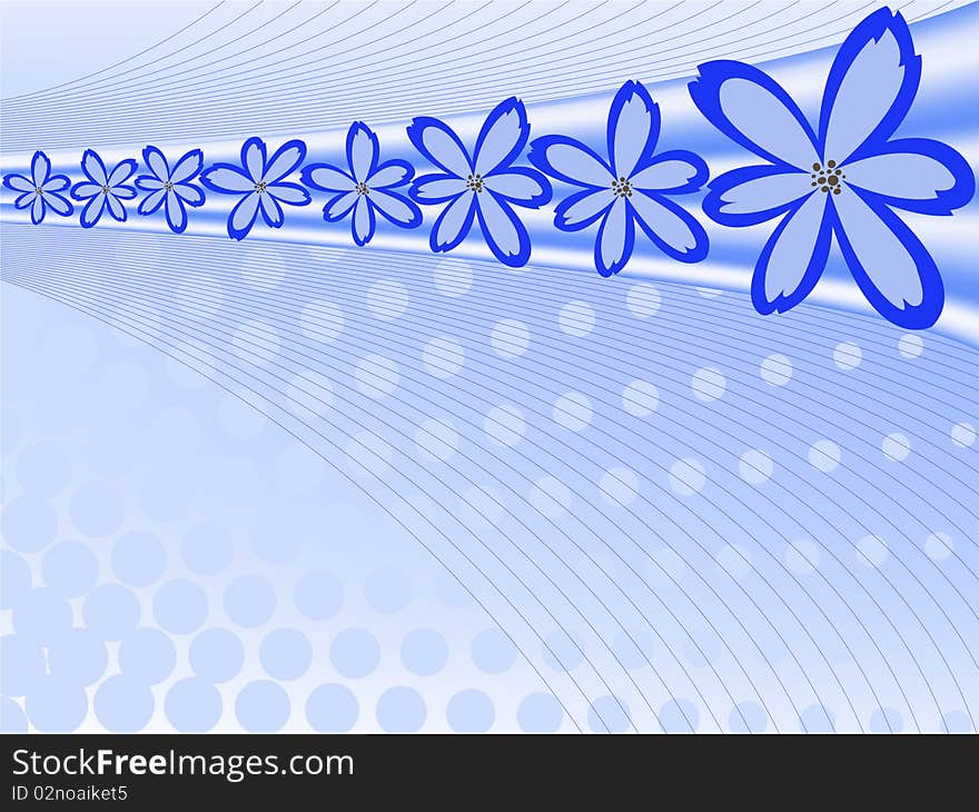 Abstract blue background with a stripe flowers receding into the distance