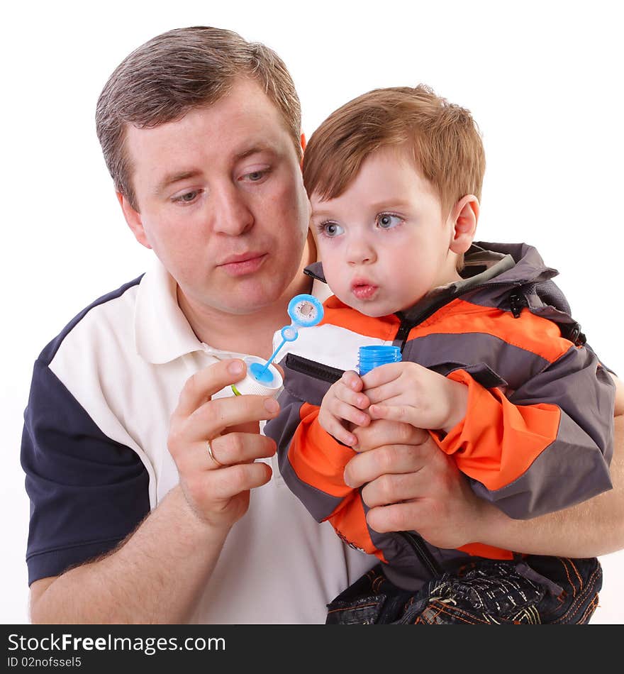 Man and boy. Father played with son. Isolated on white