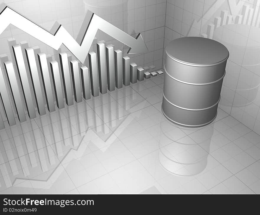 3D image of Oil Drum with Downward Pointing Arrow and Stock Chart in neutral color. 3D image of Oil Drum with Downward Pointing Arrow and Stock Chart in neutral color